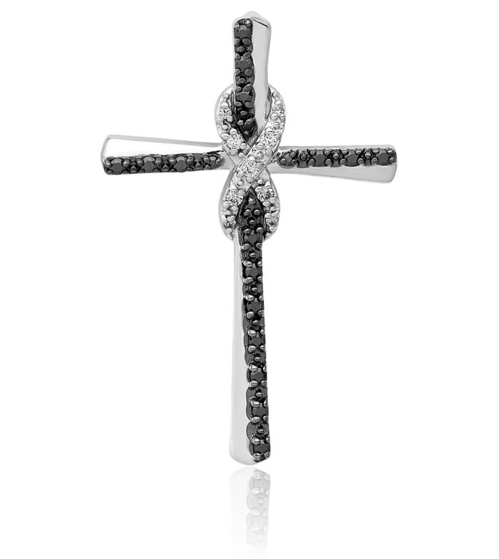 14K Solid White Gold Black Diamond Infinity Twisted Love Knot Symbol Latin Mexican Holy Cross Floating Chain Slide Pendant Necklace Religious Jesus Christ Charm