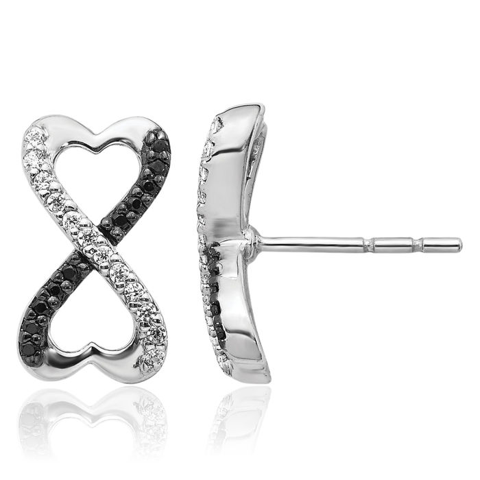 14K Solid White Gold Black Diamond Infinity Twisted Love Knot Symbol Heart Drop Dangle Earrings