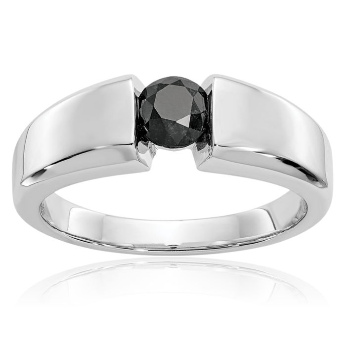 14K Solid White Gold Black Diamond Mens Ring