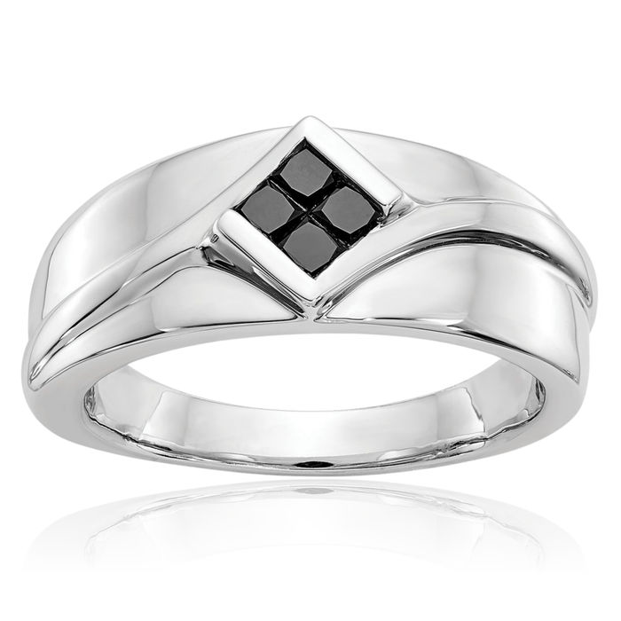 14K Solid White Gold Black Diamond Mens Ring