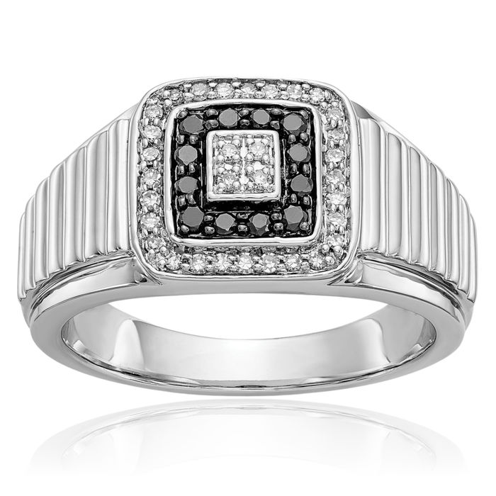 14K Solid White Gold Black Diamond Mens Ring