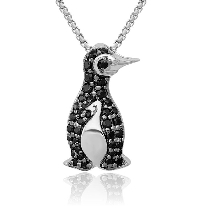 14K Solid White Gold Black Diamond Penguin Antarctica Polar Bird Floating Chain Slide Pendant Necklace Charm