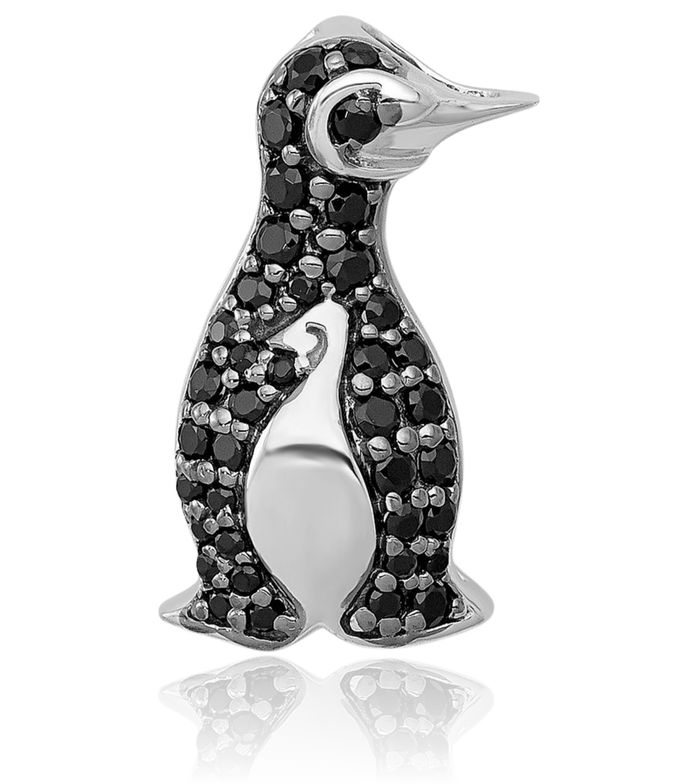 14K Solid White Gold Black Diamond Penguin Antarctica Polar Bird Floating Chain Slide Pendant Necklace Charm