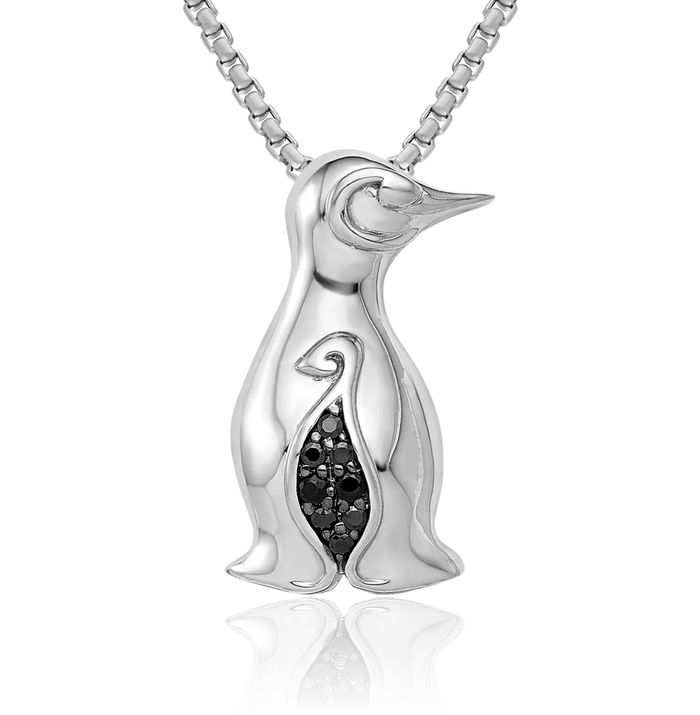 14K Solid White Gold Black Diamond Penguins Floating Chain Slide Pendant Necklace Bird Charm