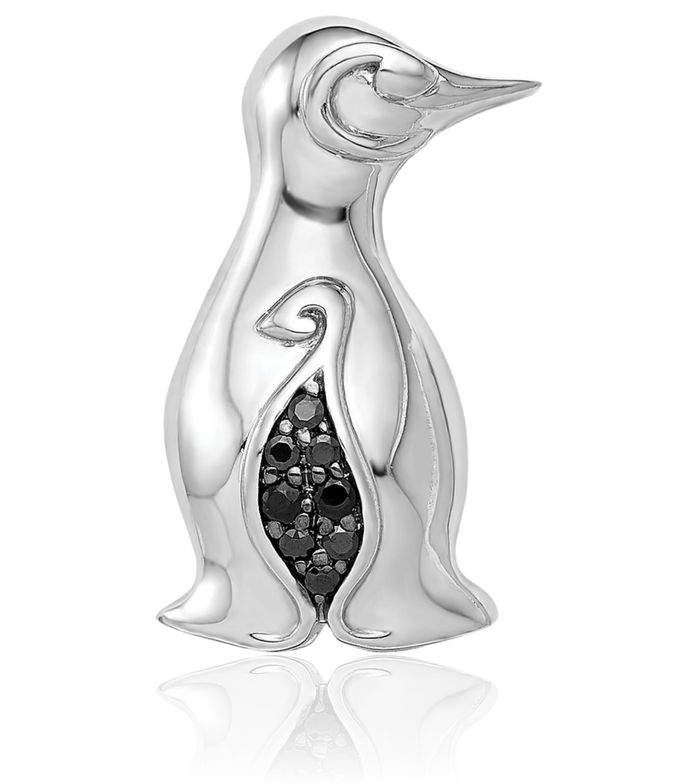 14K Solid White Gold Black Diamond Penguins Floating Chain Slide Pendant Necklace Bird Charm