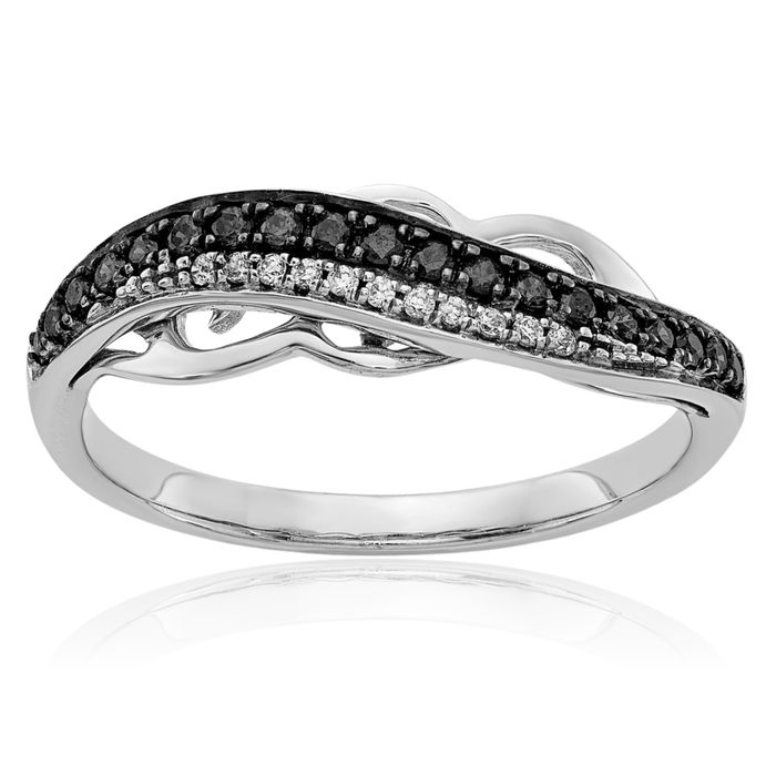 14K Solid White Gold Black Diamond Ring