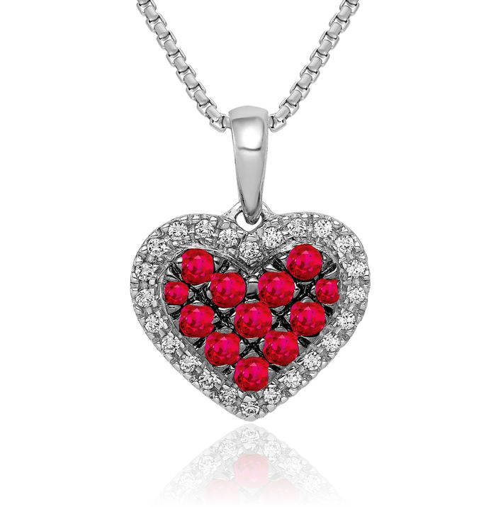 14K Solid White Gold Black Diamond Red Ruby Heart Necklace Gemstone Pendant Charm