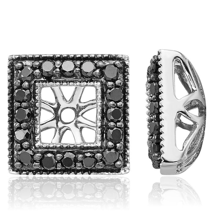 14K Solid White Gold Black Diamond Square Earring Jackets for Studs