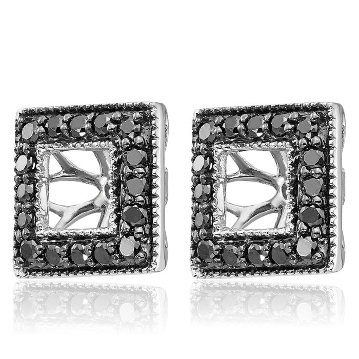 14K Solid White Gold Black Diamond Square Earring Jackets for Studs