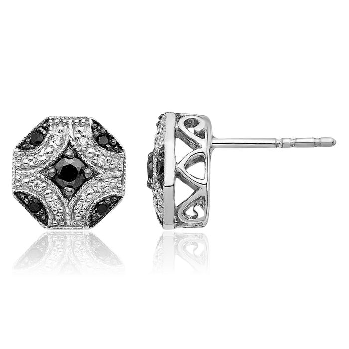 14K Solid White Gold Black Diamond Stud Earrings