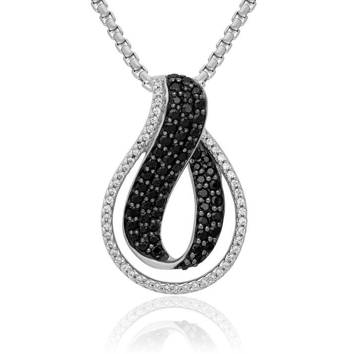 14K Solid White Gold Black Diamond Twisted Loop Slide Chain Necklace Pendant Charm