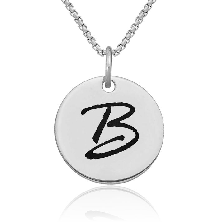 14K Solid White Gold Black Dainty Letter B Initial Name Monogram Disk Necklace Chain Pendant Charm