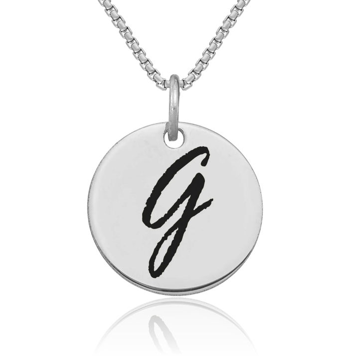 14K Solid White Gold Black Dainty Letter G Initial Name Monogram Disk Necklace Chain Pendant Charm