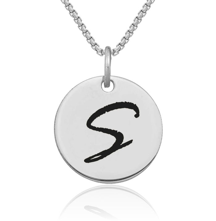 14K Solid White Gold Black Dainty Letter S Initial Name Monogram Disk Necklace Chain Pendant Charm