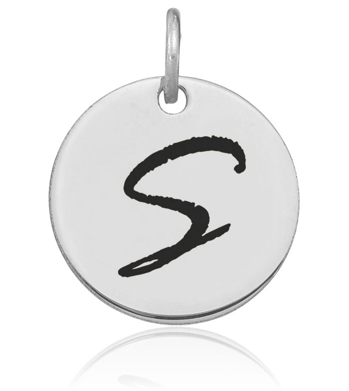 14K Solid White Gold Black Dainty Letter S Initial Name Monogram Disk Necklace Chain Pendant Charm