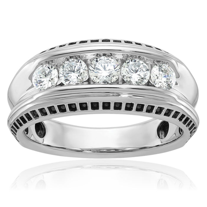 14K Solid White Gold Black Mens 5 Stone Diamond Wedding Band Statement Ring