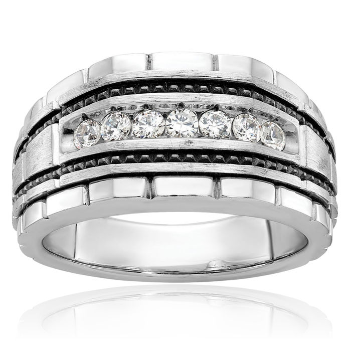 14K Solid White Gold Black Mens 7 Stone Diamond Wedding Band Statement Ring