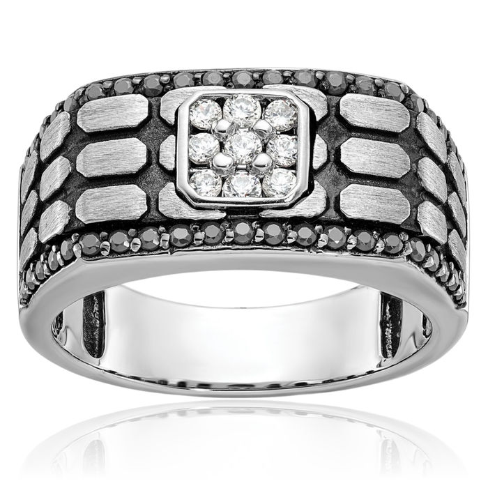 14K Solid White Gold Black Mens Cobblestone Diamond Wedding Band Statement Ring