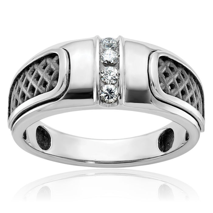 14K Solid White Gold Black Mens Diamond Ring