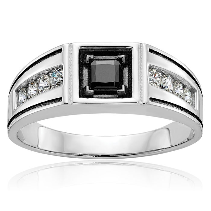 14K Solid White Gold Black Mens Diamond Ring