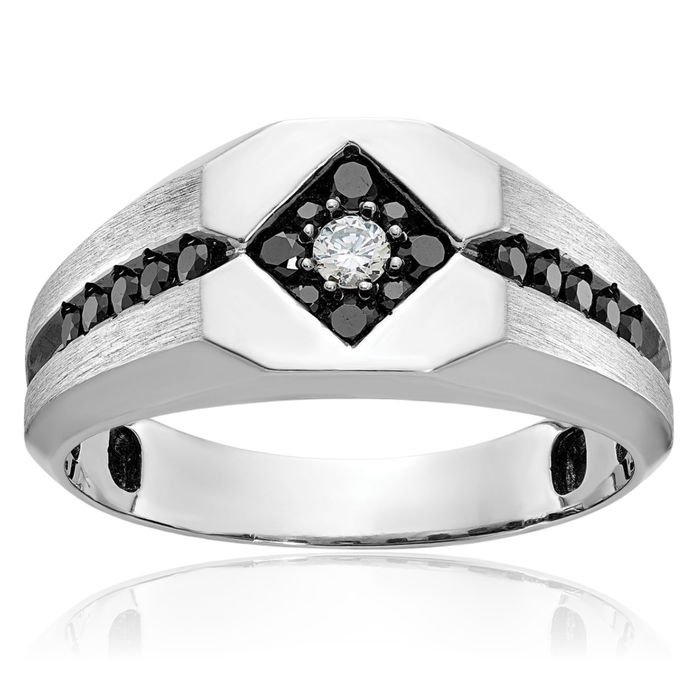 14K Solid White Gold Black Mens Diamond Wedding Band Statement Ring