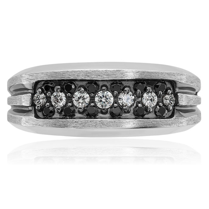 14K Solid White Gold Black Mens Diamond Wedding Band Statement Ring