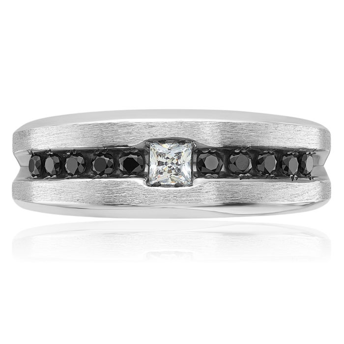 14K Solid White Gold Black Mens Diamond Wedding Band Statement Ring