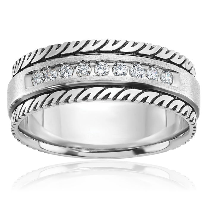 14K Solid White Gold Black Mens Diamond Wedding Band Ring