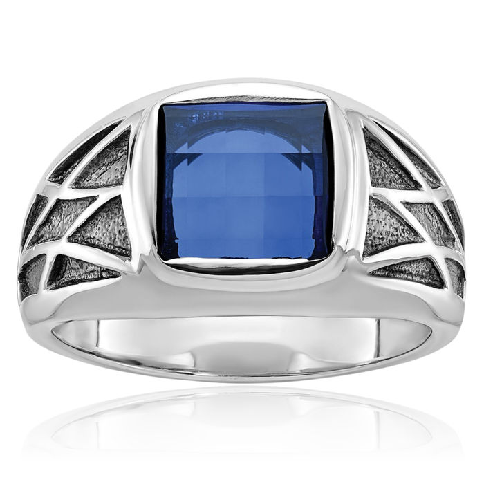 14K Solid White Gold Black Mens Lab Blue Sapphire Statement Ring