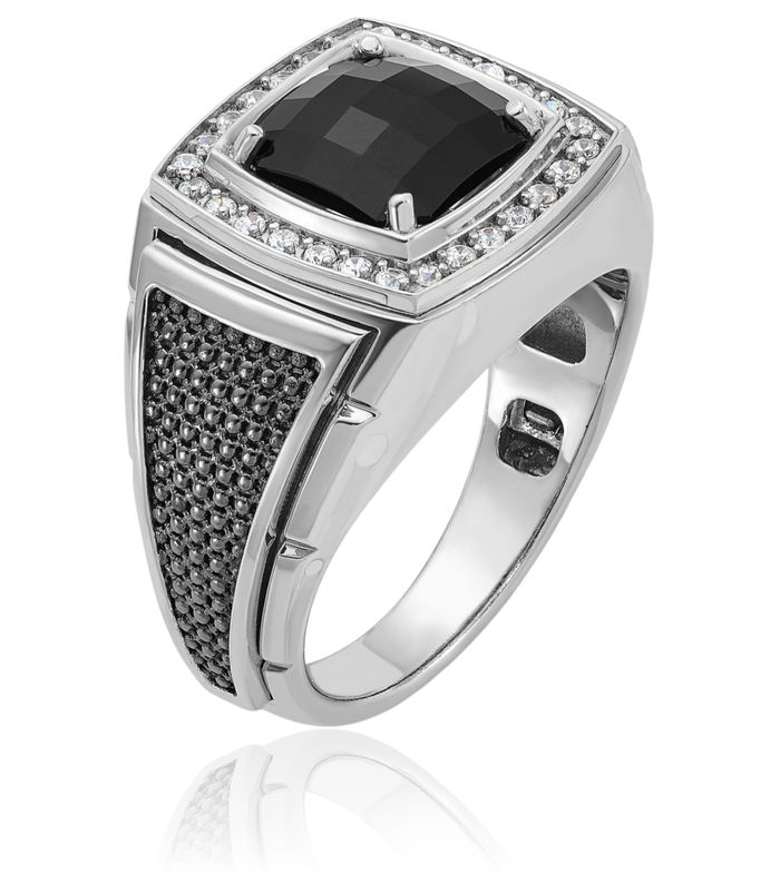 14K Solid White Gold Black Mens Onyx Diamond Statement Ring