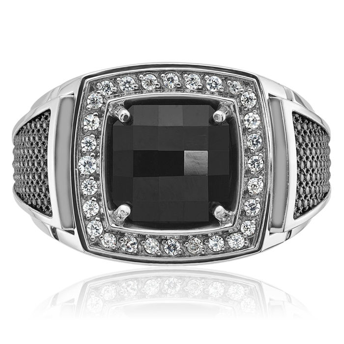 14K Solid White Gold Black Mens Onyx Diamond Statement Ring