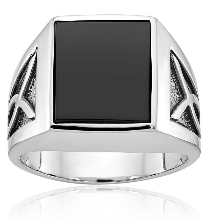 14K Solid White Gold Black Mens Onyx Ring