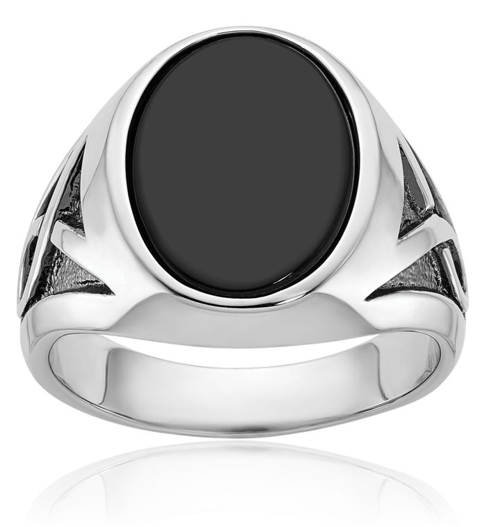 14K Solid White Gold Black Mens Onyx Statement Ring