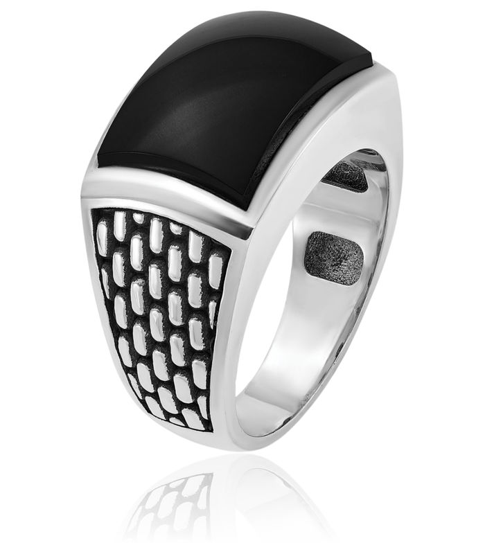 14K Solid White Gold Black Mens Onyx Statement Ring