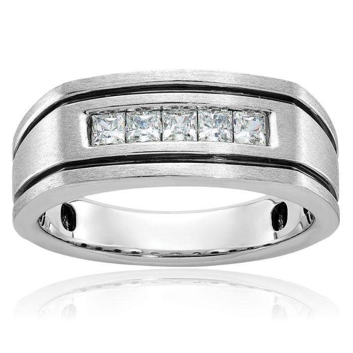 14K Solid White Gold Black Mens Square 5 Stone Diamond Wedding Band Ring