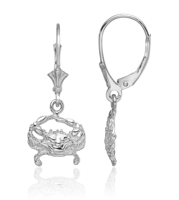 14K Solid White Gold Blue Crab Claw Drop Dangle Earrings