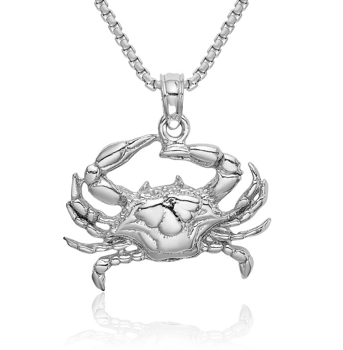 14K Solid White Gold Blue Crab Claw Necklace Chain Pendant Charm
