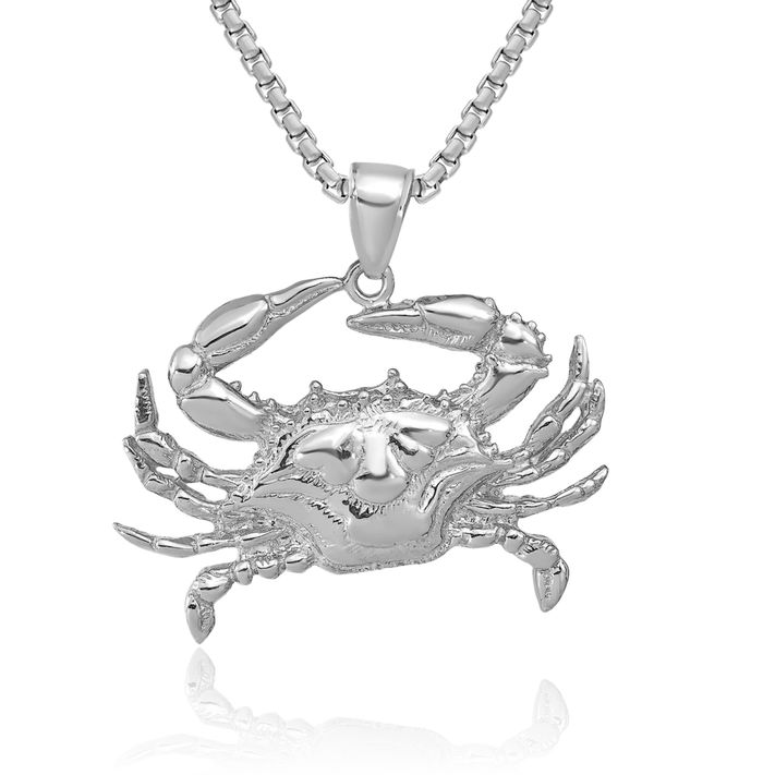 14K Solid White Gold Blue Crab Claw Necklace Chain Pendant Charm