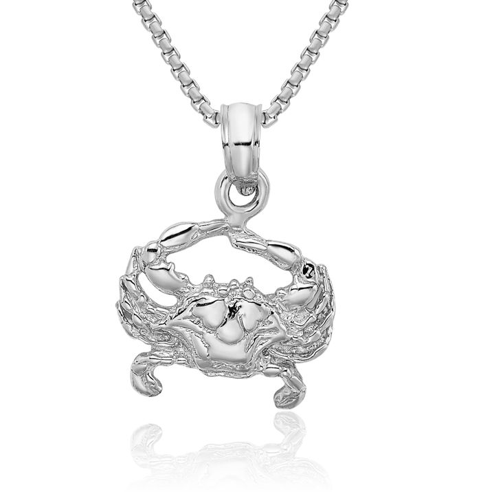 14K Solid White Gold Blue Crab Claw Necklace Chain Pendant Charm