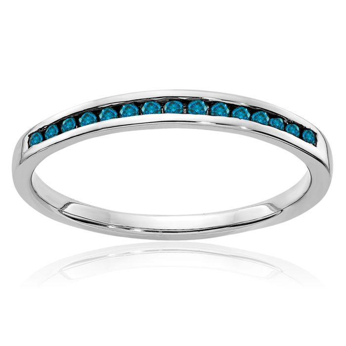 14K Solid White Gold Blue Diamond Channel Wedding Band Ring