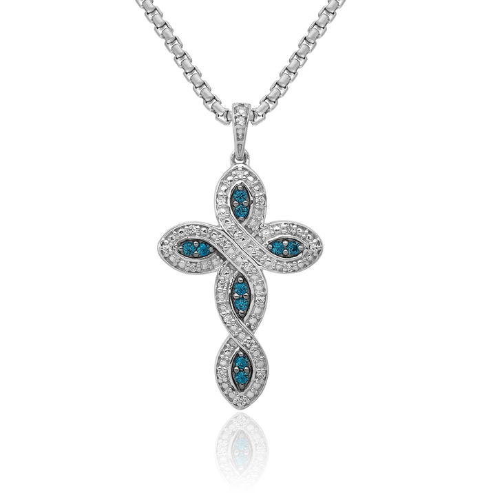 14K Solid White Gold Blue Diamond Holy Cross Necklace Religious Chain Pendant Jesus Christ Charm