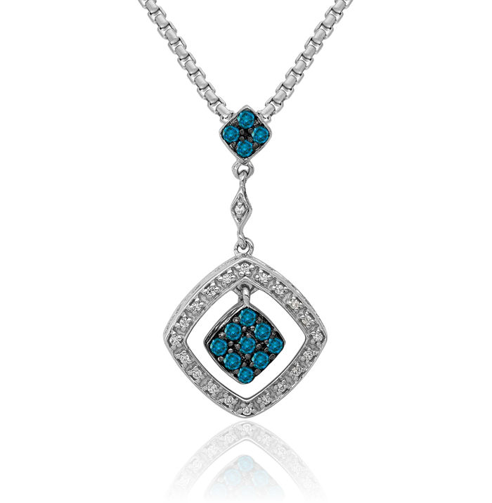 14K Solid White Gold Blue Diamond Dangling Necklace Chain Pendant Charm