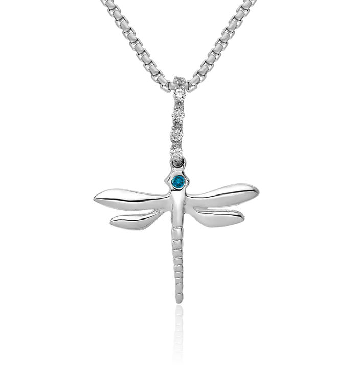 14K Solid White Gold Blue Diamond Dragonfly Necklace Chain Pendant Charm