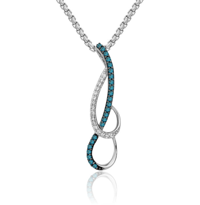 14K Solid White Gold Blue Diamond Floating Chain Slide Pendant Necklace Charm