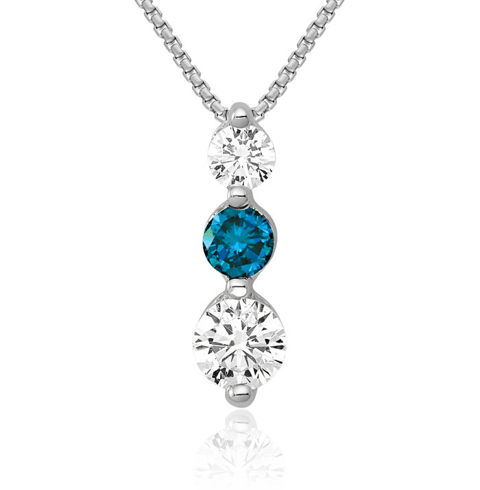 14K Solid White Gold Blue Diamond Floating Chain Slide Pendant Necklace Charm