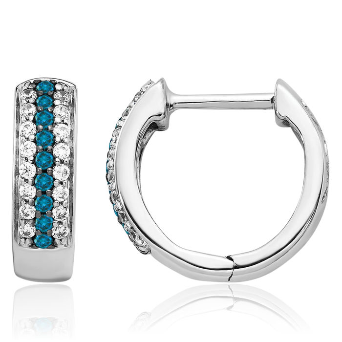 14K Solid White Gold Blue Diamond Huggie Small Hoop Earrings