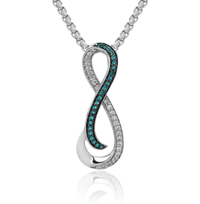 14K Solid White Gold Diamond /blue Infinity Twisted Love Knot Symbol Floating Chain Slide Pendant Necklace Charm