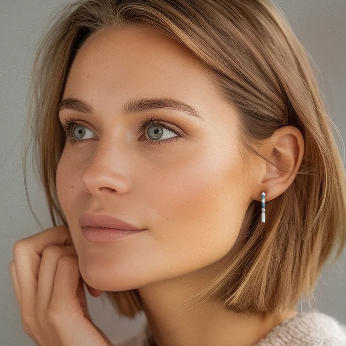 14K Solid White Gold Blue Diamond Medium Hoop Earrings