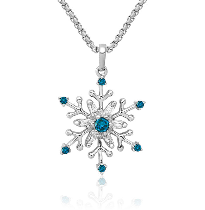 14K Solid White Gold Blue Diamond Snowflake Necklace Chain Pendant Charm