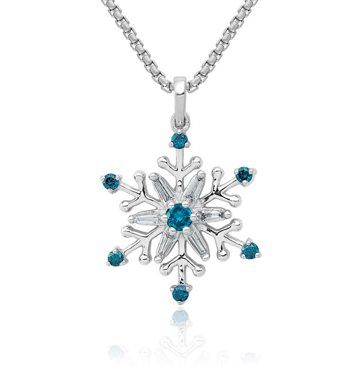 14K Solid White Gold Blue Diamond Snowflake Necklace Chain Pendant Charm